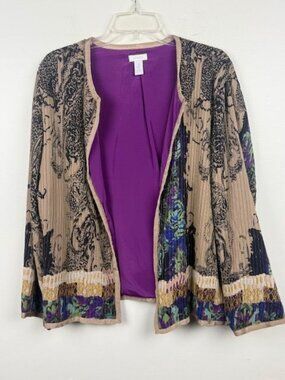 Chico's Women's Purple Lined Printed Pintuck Open Front Blouse/Jacket - Size L